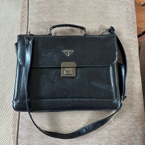 Black leather Prada laptop shoulder bag